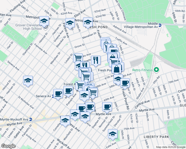 map of restaurants, bars, coffee shops, grocery stores, and more near 60-6 Putnam Avenue in Queens