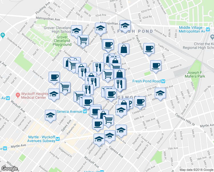 map of restaurants, bars, coffee shops, grocery stores, and more near 19-23 Palmetto Street in Queens