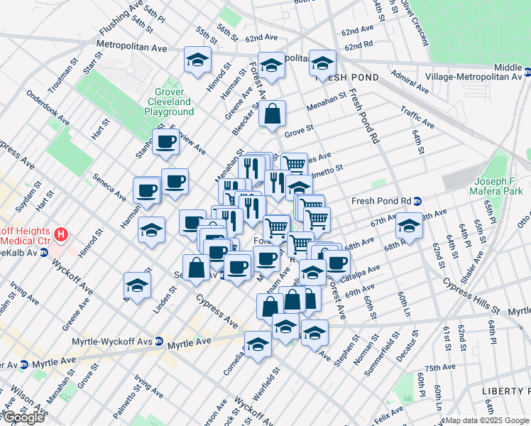 map of restaurants, bars, coffee shops, grocery stores, and more near 19-23 Palmetto Street in Queens
