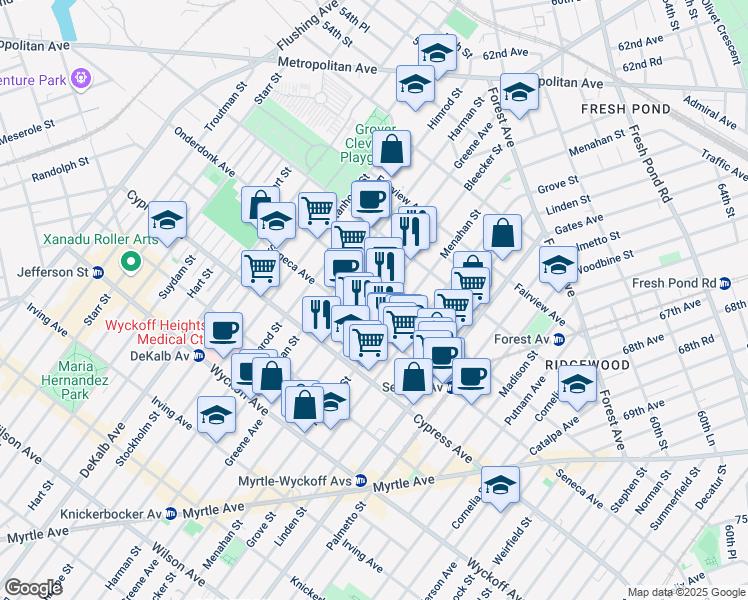 map of restaurants, bars, coffee shops, grocery stores, and more near 18-19 Bleecker Street in Queens