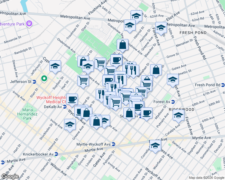 map of restaurants, bars, coffee shops, grocery stores, and more near 18-19 Bleecker Street in Queens