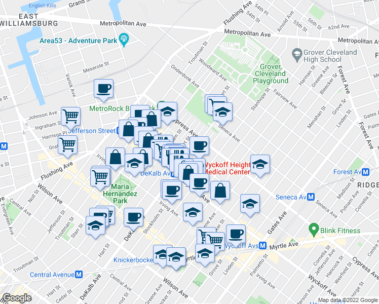 map of restaurants, bars, coffee shops, grocery stores, and more near 1690 DeKalb Avenue in Brooklyn