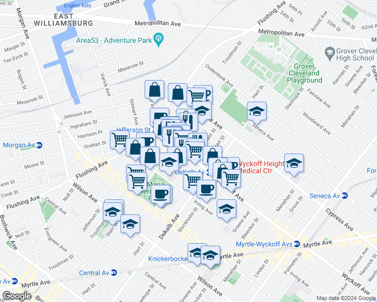 map of restaurants, bars, coffee shops, grocery stores, and more near 52 Wyckoff Avenue in Brooklyn