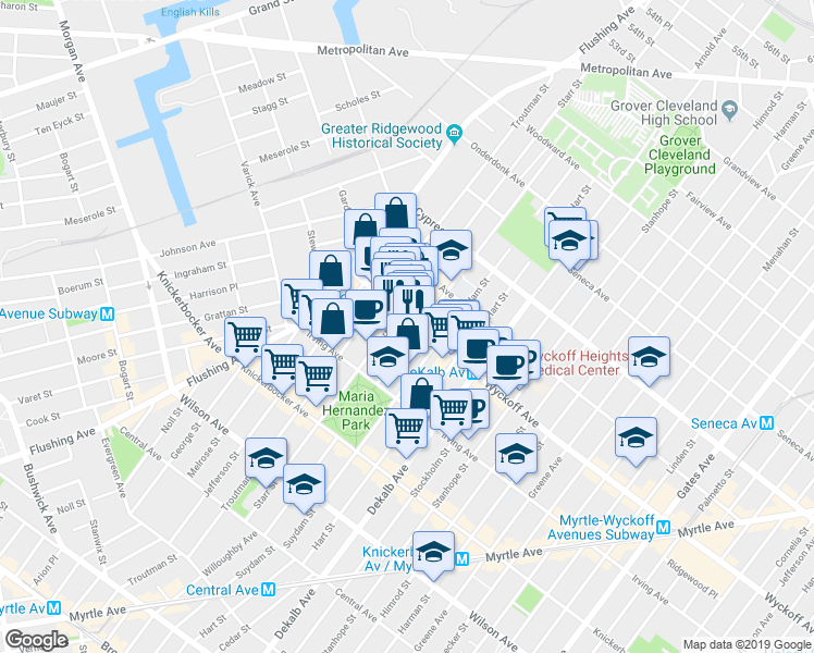map of restaurants, bars, coffee shops, grocery stores, and more near 52 Wyckoff Avenue in Brooklyn