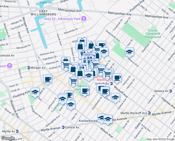 map of restaurants, bars, coffee shops, grocery stores, and more near 229 Starr Street in Brooklyn