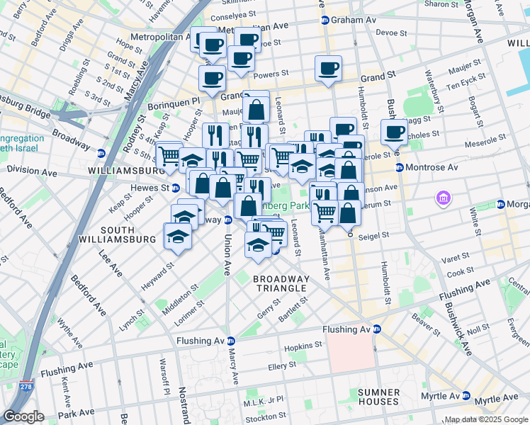 map of restaurants, bars, coffee shops, grocery stores, and more near 25 Boerum Street in Brooklyn