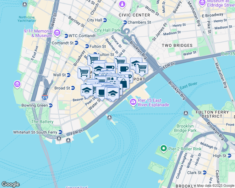 map of restaurants, bars, coffee shops, grocery stores, and more near 156 Front Street in New York