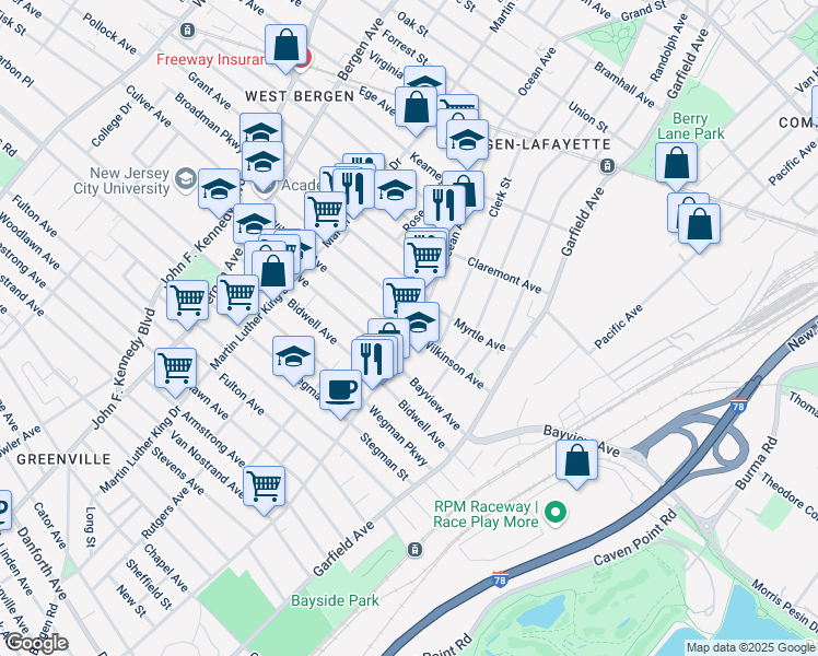 map of restaurants, bars, coffee shops, grocery stores, and more near 557 Ocean Avenue in Jersey City