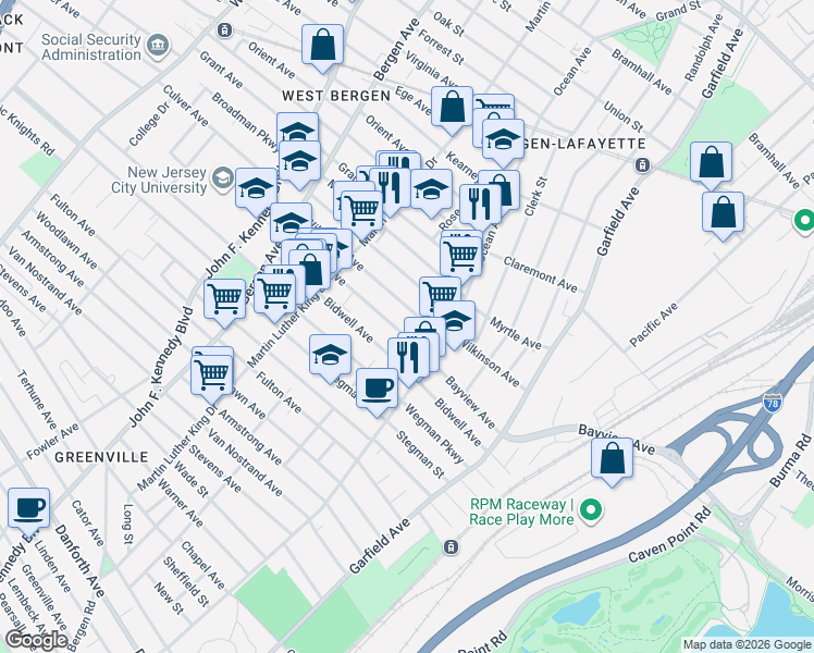 map of restaurants, bars, coffee shops, grocery stores, and more near 116 Bayview Avenue in Jersey City