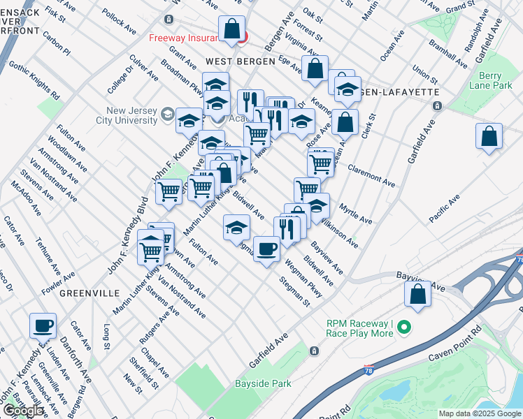 map of restaurants, bars, coffee shops, grocery stores, and more near 142 Bidwell Avenue in Jersey City