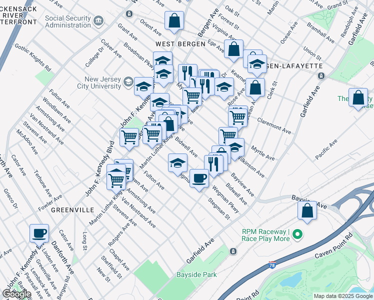 map of restaurants, bars, coffee shops, grocery stores, and more near 142 Bidwell Avenue in Jersey City