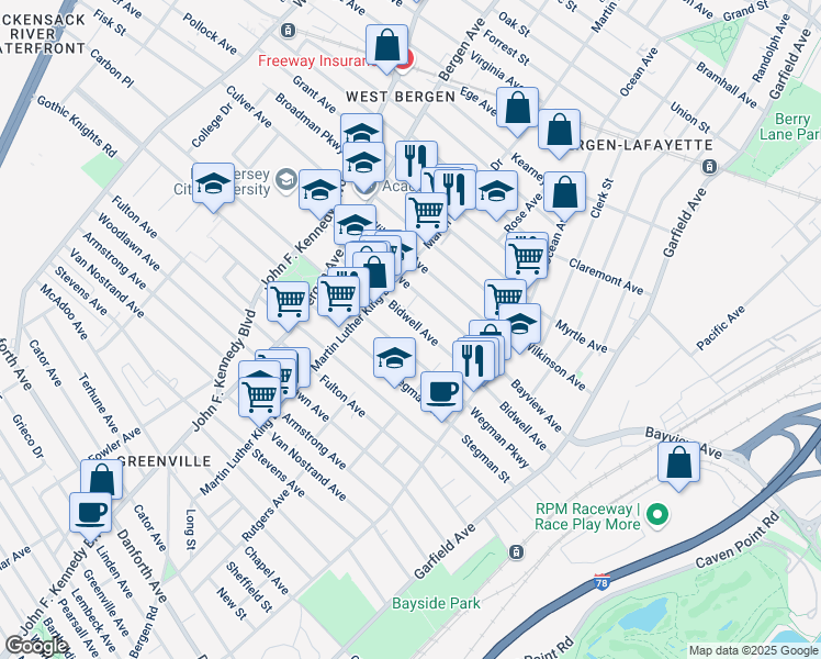 map of restaurants, bars, coffee shops, grocery stores, and more near 168 Wegman Parkway in Jersey City