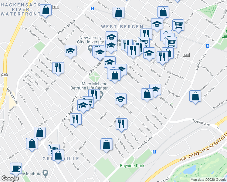 map of restaurants, bars, coffee shops, grocery stores, and more near 158 Martin Luther King Drive in Jersey City