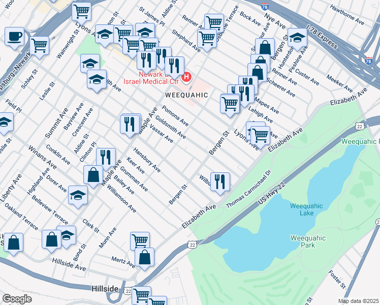 map of restaurants, bars, coffee shops, grocery stores, and more near 96-98 Vassar Avenue in Newark