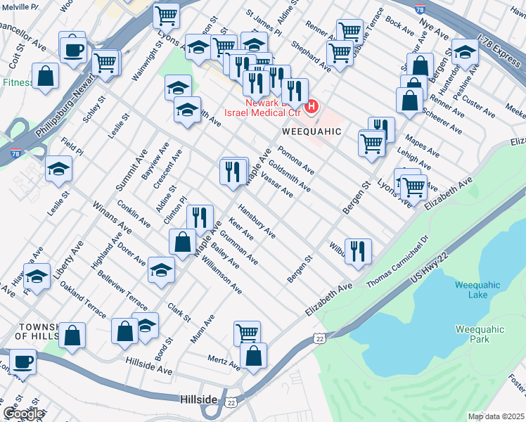 map of restaurants, bars, coffee shops, grocery stores, and more near 148 Chancellor Avenue in Newark