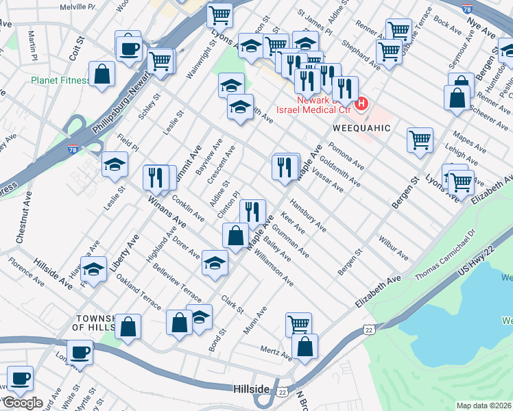 map of restaurants, bars, coffee shops, grocery stores, and more near 174 Keer Avenue in Newark