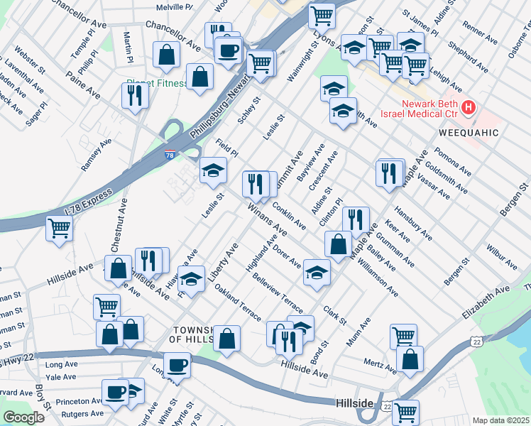 map of restaurants, bars, coffee shops, grocery stores, and more near 275 Winans Avenue in Hillside