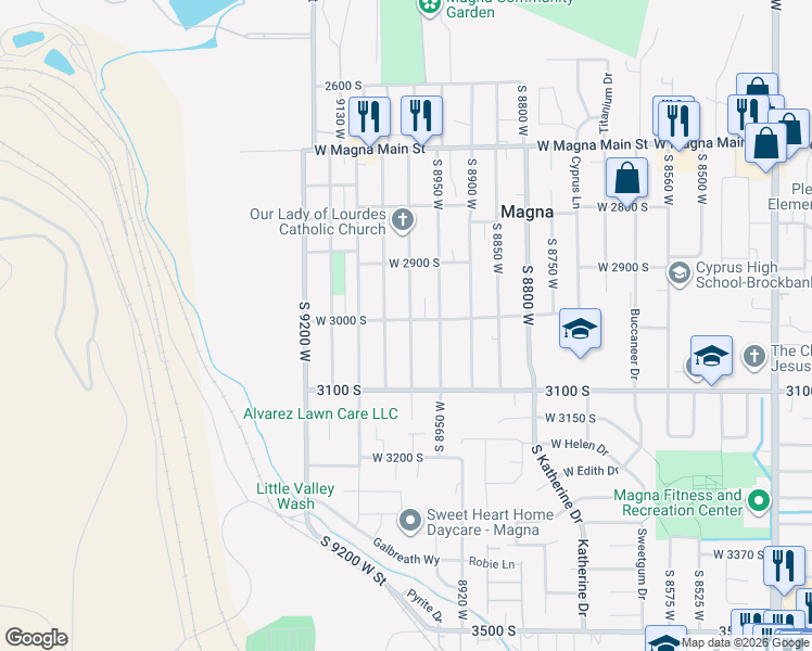 map of restaurants, bars, coffee shops, grocery stores, and more near 3006 South 9000 West in Magna