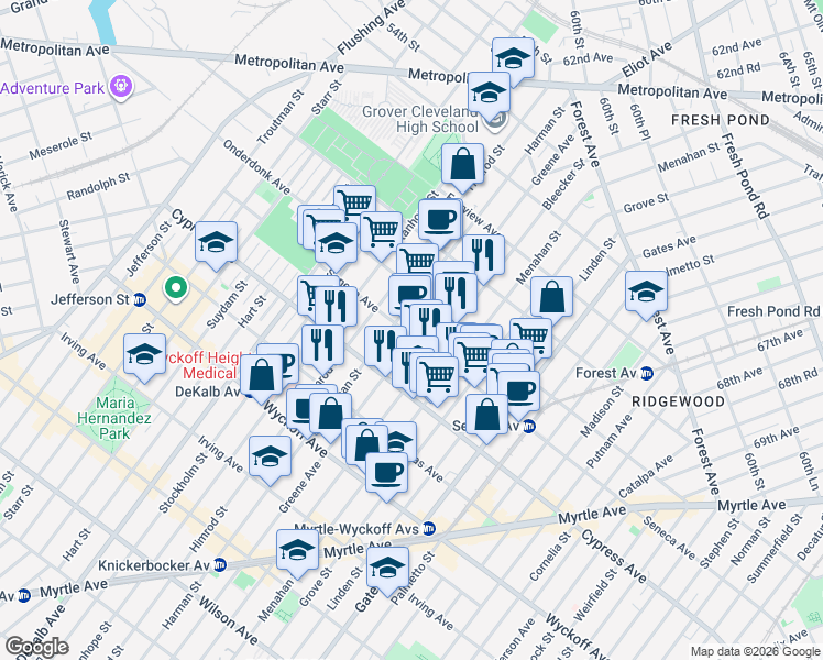 map of restaurants, bars, coffee shops, grocery stores, and more near 494 Seneca Avenue in Queens