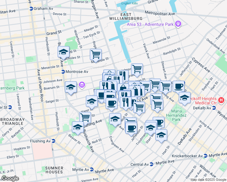 map of restaurants, bars, coffee shops, grocery stores, and more near 117 Grattan Street in Brooklyn