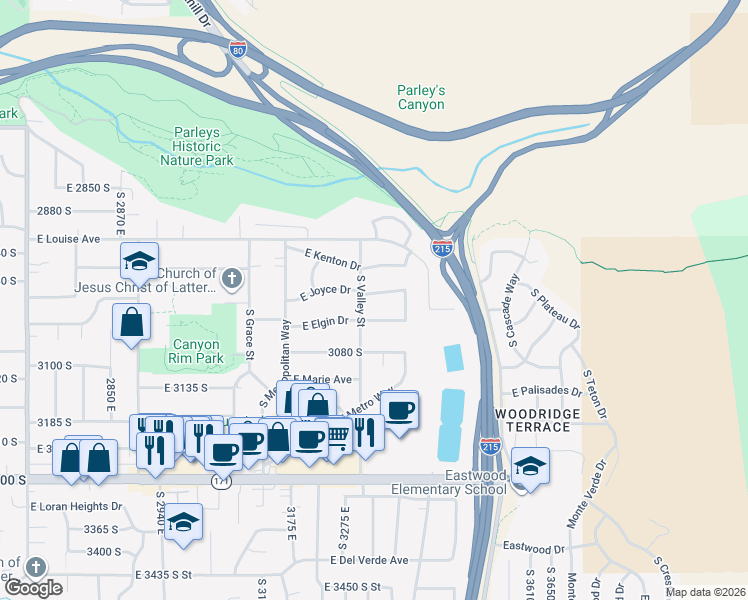 map of restaurants, bars, coffee shops, grocery stores, and more near 3351 East Elgin Drive in Salt Lake City