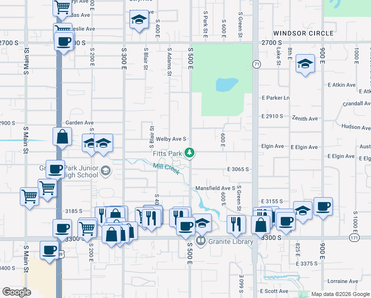 map of restaurants, bars, coffee shops, grocery stores, and more near 3014 500 East in South Salt Lake