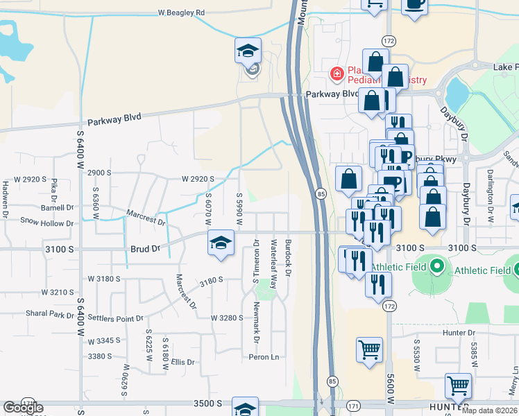map of restaurants, bars, coffee shops, grocery stores, and more near 5958 Snowbush Lane in West Valley City