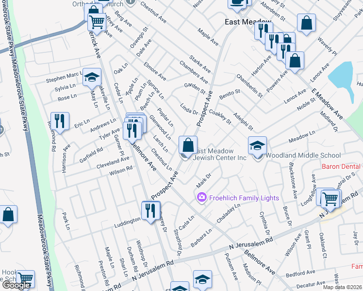 map of restaurants, bars, coffee shops, grocery stores, and more near 1443 Prospect Avenue in East Meadow