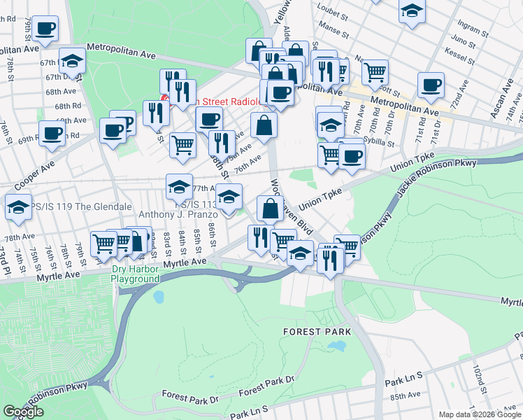 map of restaurants, bars, coffee shops, grocery stores, and more near 88-18 79th Avenue in Queens