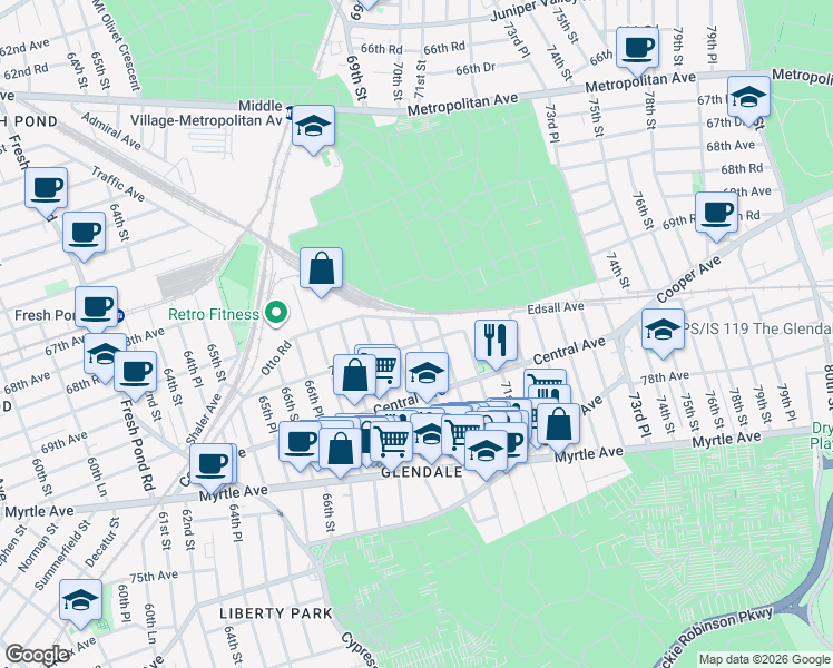 map of restaurants, bars, coffee shops, grocery stores, and more near 69-21 69th Street in Queens