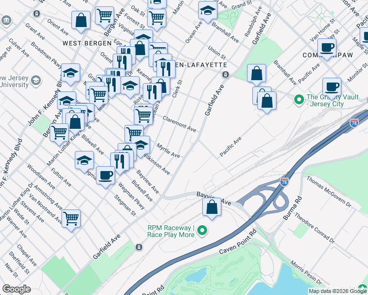 map of restaurants, bars, coffee shops, grocery stores, and more near 753 Garfield Avenue in Jersey City