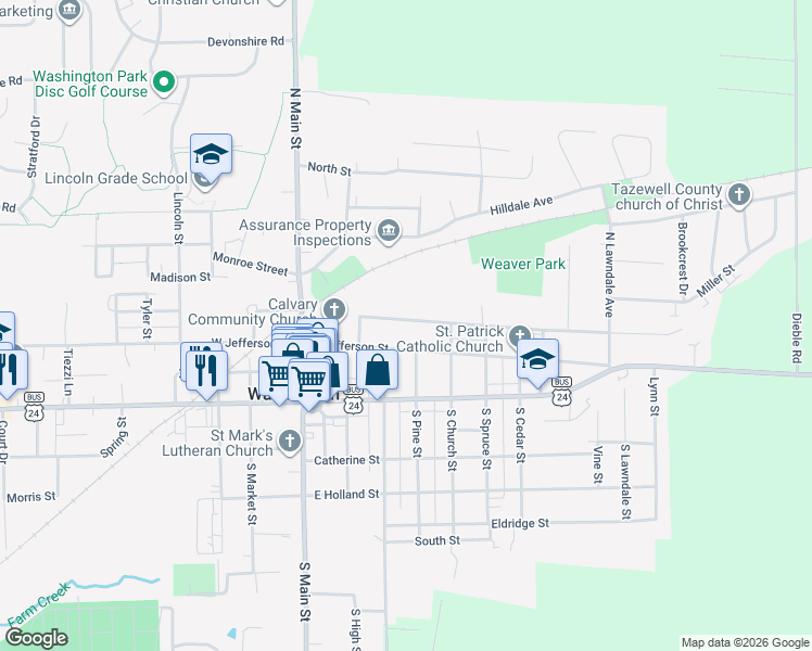 map of restaurants, bars, coffee shops, grocery stores, and more near 308 East Adams Street in Washington