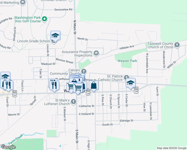 map of restaurants, bars, coffee shops, grocery stores, and more near 209 East Jefferson Street in Washington