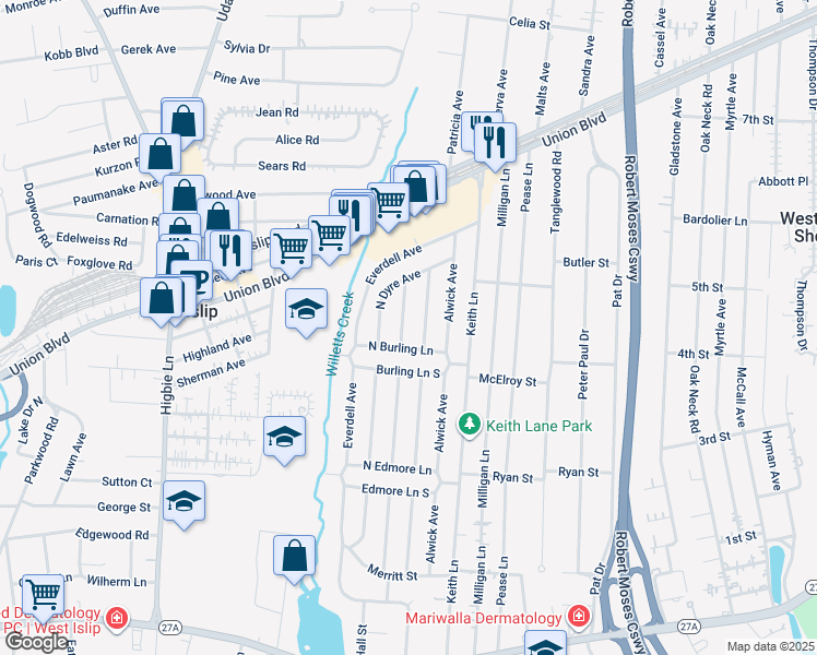 map of restaurants, bars, coffee shops, grocery stores, and more near 623 North Chicot Avenue in West Islip