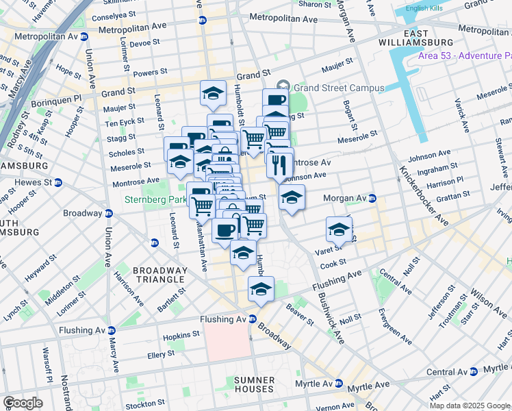map of restaurants, bars, coffee shops, grocery stores, and more near 130 Humboldt Street in Brooklyn