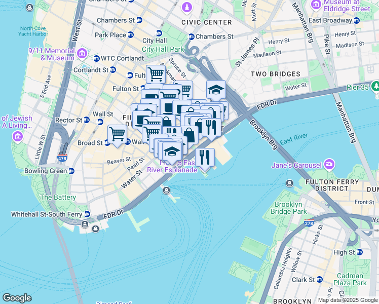 map of restaurants, bars, coffee shops, grocery stores, and more near 85 South Street in New York