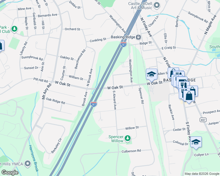map of restaurants, bars, coffee shops, grocery stores, and more near 130 West Oak Street in Basking Ridge