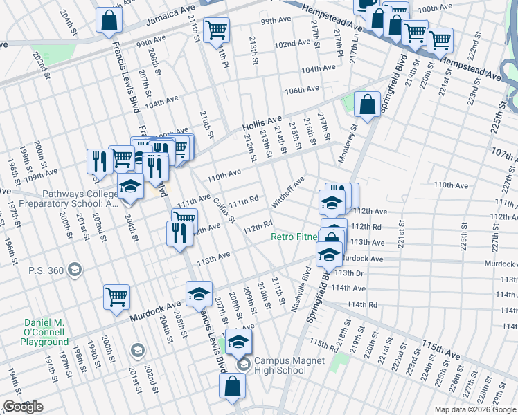 map of restaurants, bars, coffee shops, grocery stores, and more near 74 112th Avenue in Queens