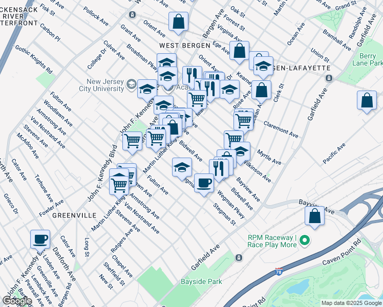 map of restaurants, bars, coffee shops, grocery stores, and more near 142 Bidwell Avenue in Jersey City