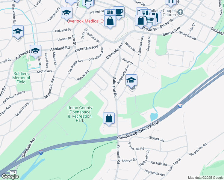 map of restaurants, bars, coffee shops, grocery stores, and more near 55 Baltusrol Road in Summit
