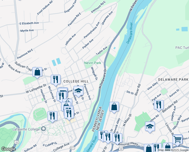 map of restaurants, bars, coffee shops, grocery stores, and more near 630 Weygadt Drive in Easton