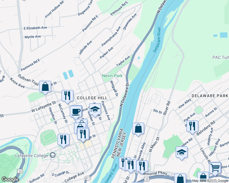 map of restaurants, bars, coffee shops, grocery stores, and more near 630 Weygadt Drive in Easton