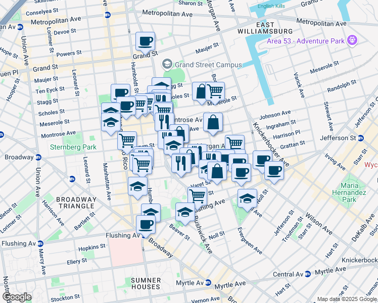 map of restaurants, bars, coffee shops, grocery stores, and more near 3 McKibbin Court in Brooklyn