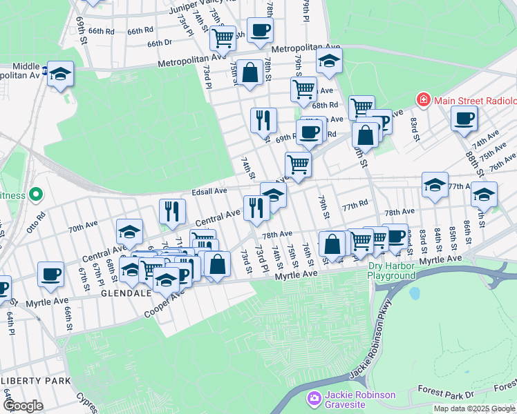map of restaurants, bars, coffee shops, grocery stores, and more near 77-32 74th Street in Queens