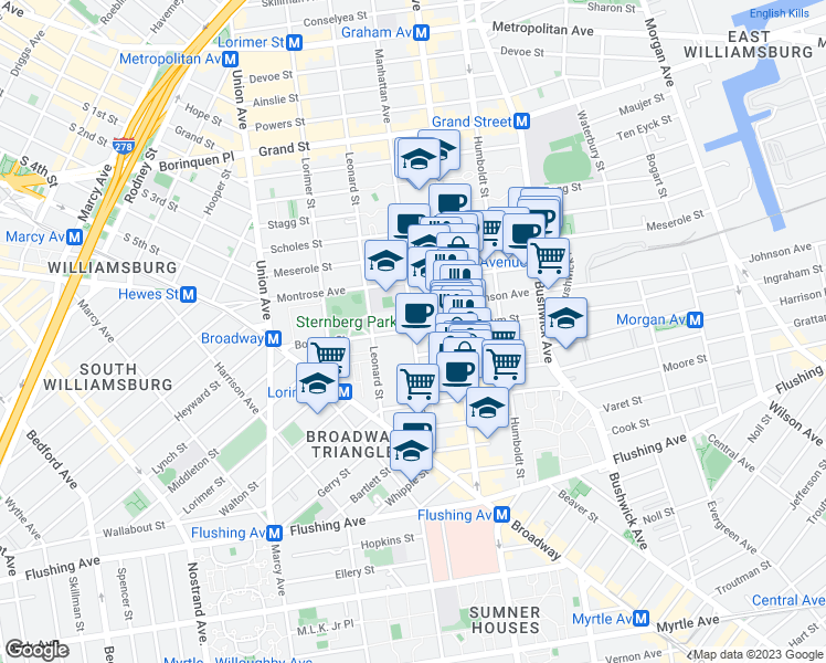 map of restaurants, bars, coffee shops, grocery stores, and more near Manhattan Avenue & Boerum Street in Brooklyn