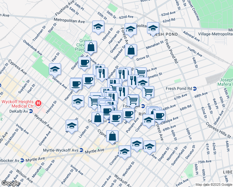 map of restaurants, bars, coffee shops, grocery stores, and more near 653 Woodward Avenue in Queens