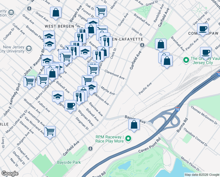 map of restaurants, bars, coffee shops, grocery stores, and more near 32 Myrtle Avenue in Jersey City