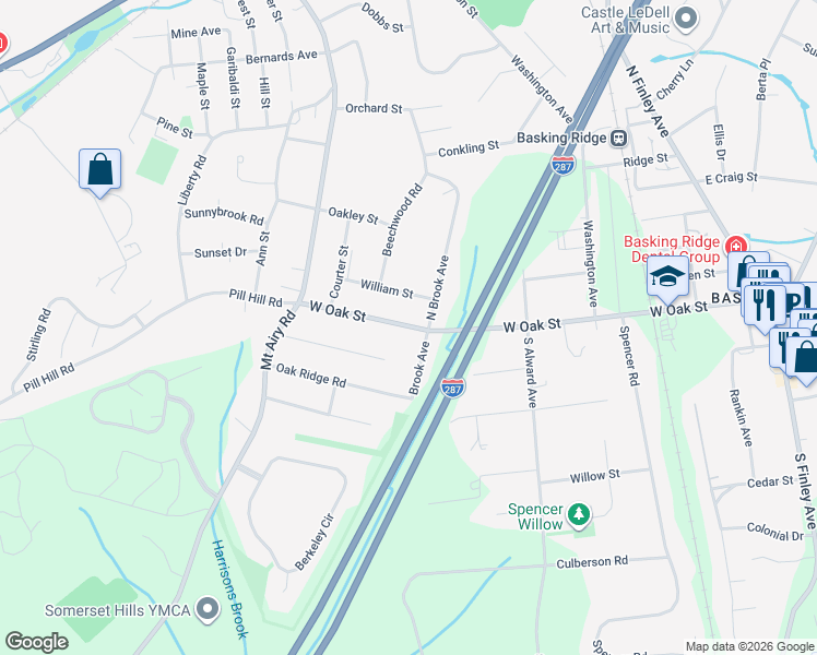 map of restaurants, bars, coffee shops, grocery stores, and more near 174 West Oak Street in Basking Ridge