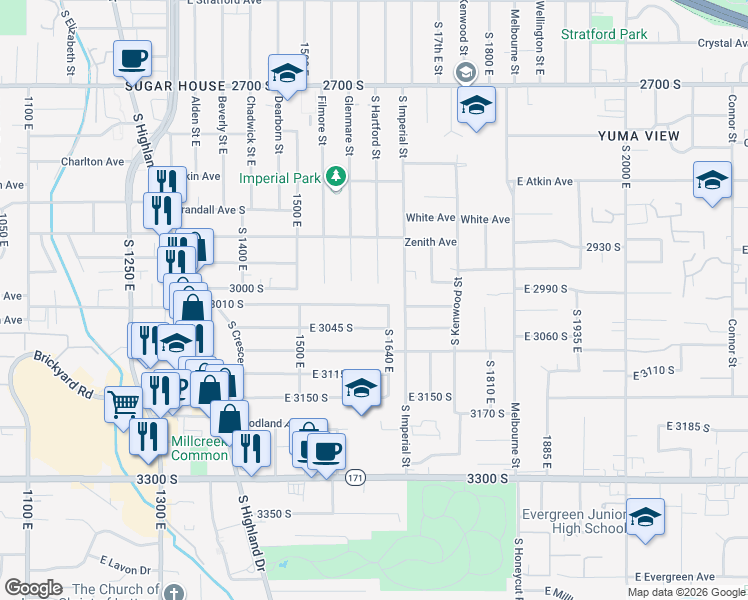 map of restaurants, bars, coffee shops, grocery stores, and more near 1611 East 3010 South in Salt Lake City