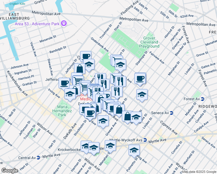 map of restaurants, bars, coffee shops, grocery stores, and more near 403 Stockholm Street in Brooklyn
